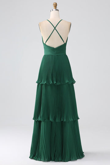 Vestido de dama de honor de gasa escalonada verde oscuro de una línea con plisado